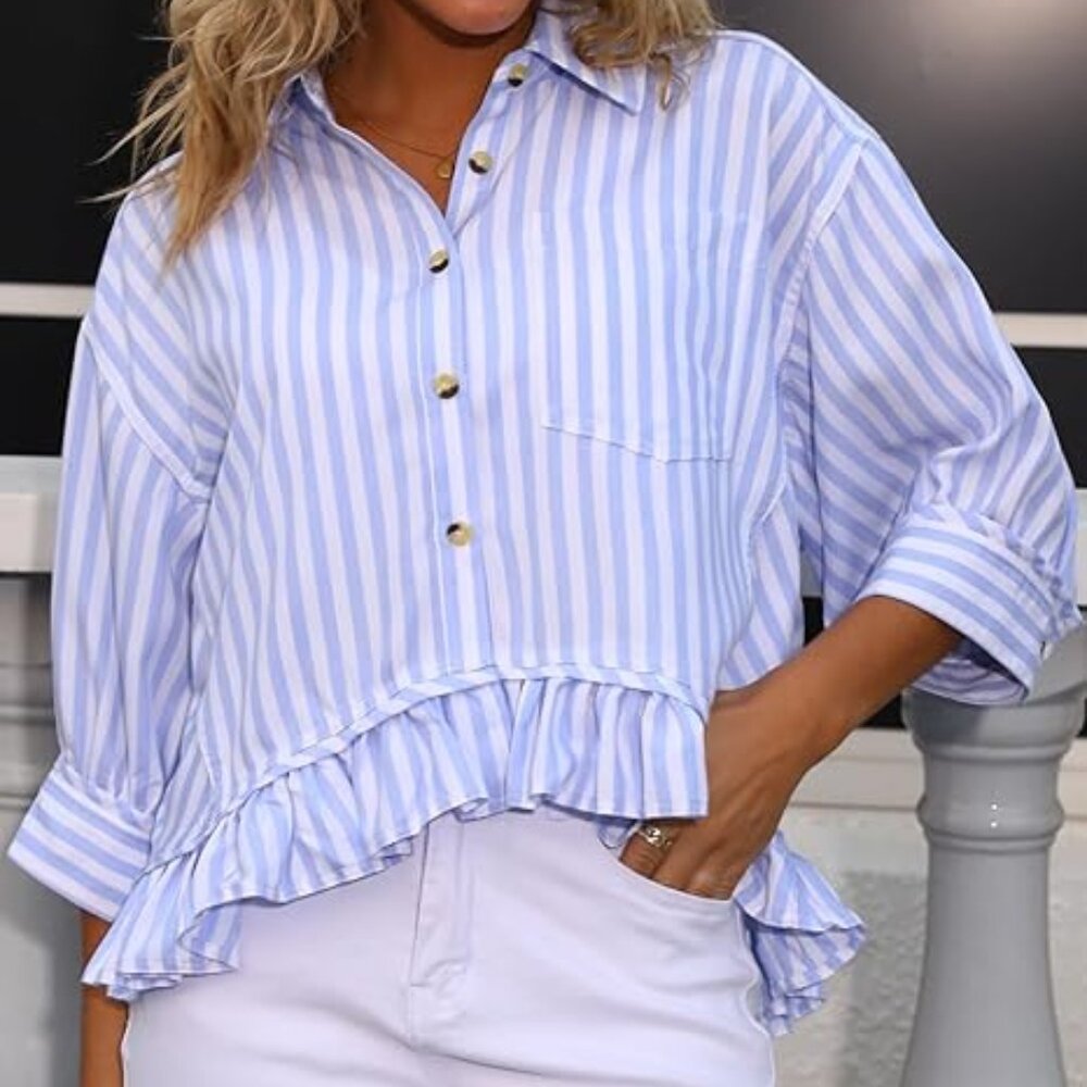 CHYRII Womens Dressy Casual Blouse Top Ruffled Short Sleeve Button Down Striped
